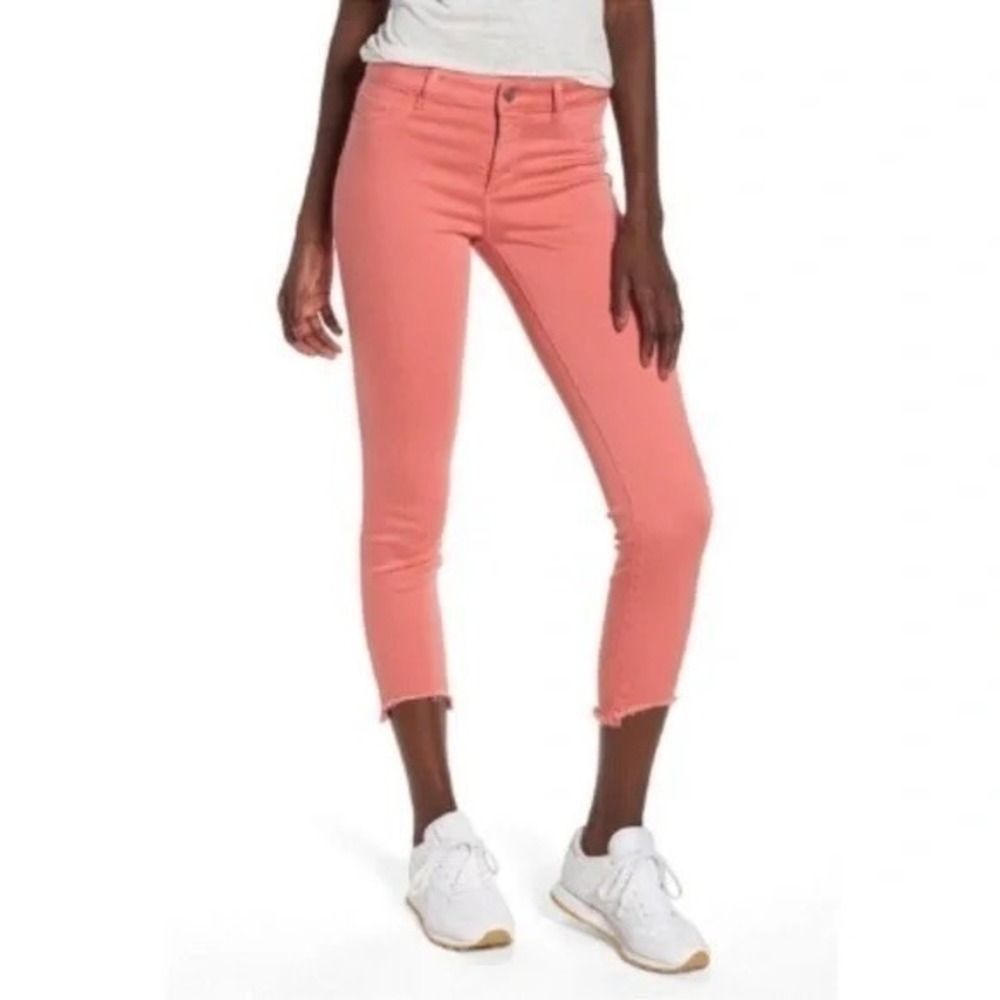 DL1961 Florence Instasculpt Skinny Jeans Sunset Pink Coral Raw Hem Cropped 30